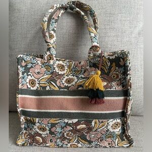 Floral & Striped Woven Tote Bag with Tassel